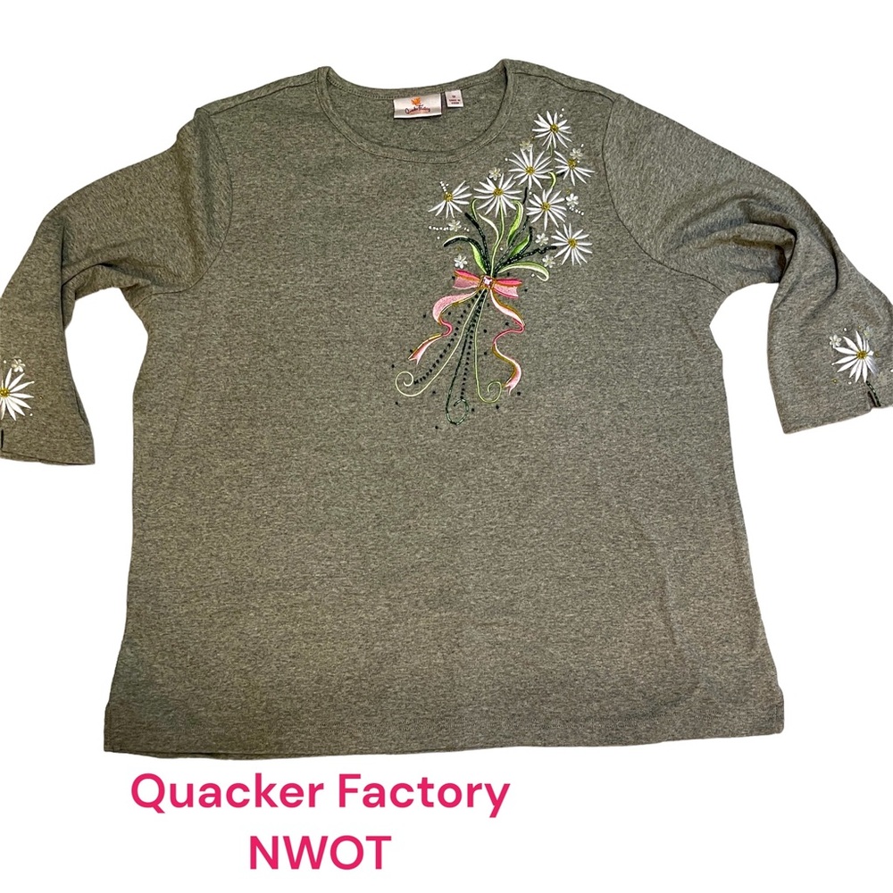 NWOT Ladies Quacker Factory Embroidery Beaded 100% Cotton 1x TShirt